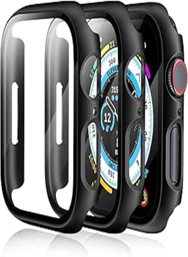 CLOUDVALLEY 3 Pack Bumper Hard Case with Tempered Glass Compatible with Apple Watch Series 9 (2023) Series 8 Series 7 45mm, Ultra-Thin Protective Cover for iWatch Screen Protector-Black